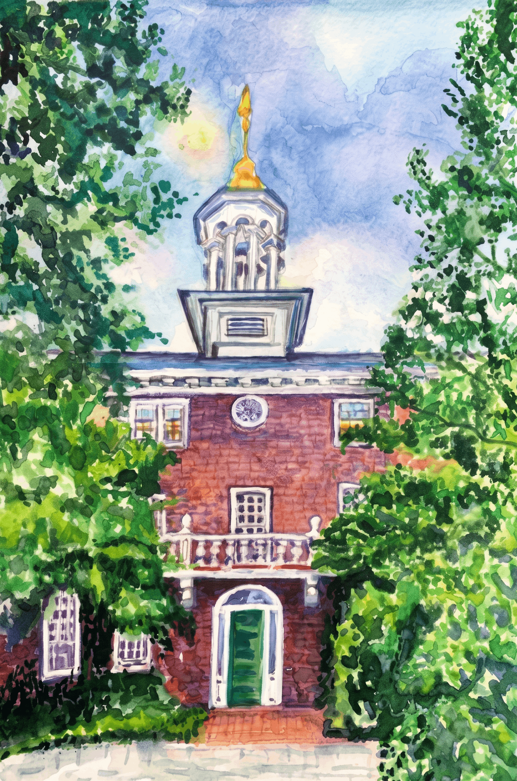 The Spire of Cotting Hall — Allston, MA — hand-painted watercolor by Rimma Guzenko